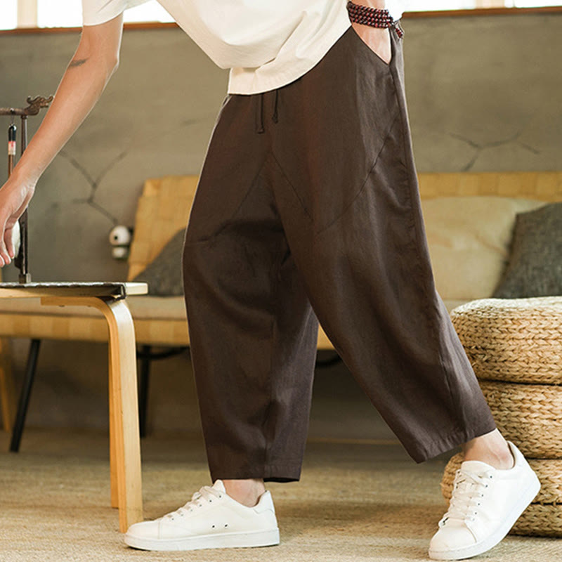 Pantalon harem décontracté Foviel pour homme, style rétro, couleur unie, design simple, taille élastique à cordon, avec poches, en lin