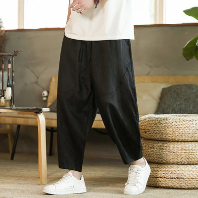 Pantalon harem décontracté Foviel pour homme, style rétro, couleur unie, design simple, taille élastique à cordon, avec poches, en lin