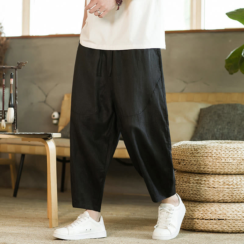 Pantalon harem décontracté Foviel pour homme, style rétro, couleur unie, design simple, taille élastique à cordon, avec poches, en lin