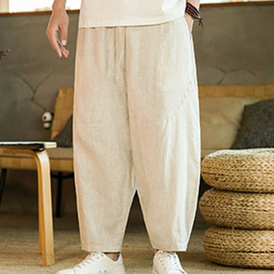 Pantalon harem décontracté Foviel pour homme, style rétro, couleur unie, design simple, taille élastique à cordon, avec poches, en lin