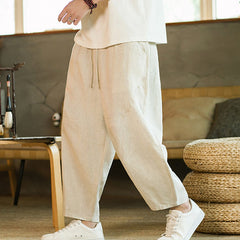Pantalon harem décontracté Foviel pour homme, style rétro, couleur unie, design simple, taille élastique à cordon, avec poches, en lin