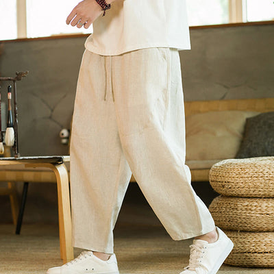 Pantalon harem décontracté Foviel pour homme, style rétro, couleur unie, design simple, taille élastique à cordon, avec poches, en lin