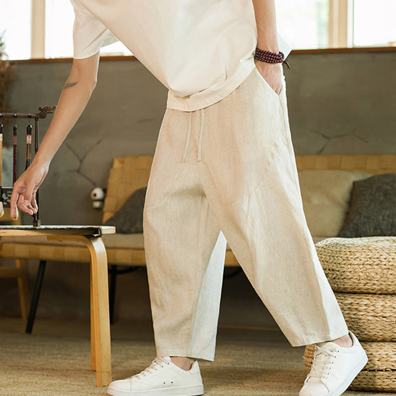 Pantalon harem décontracté Foviel pour homme, style rétro, couleur unie, design simple, taille élastique à cordon, avec poches, en lin