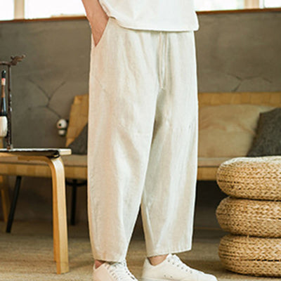 Pantalon harem décontracté Foviel pour homme, style rétro, couleur unie, design simple, taille élastique à cordon, avec poches, en lin