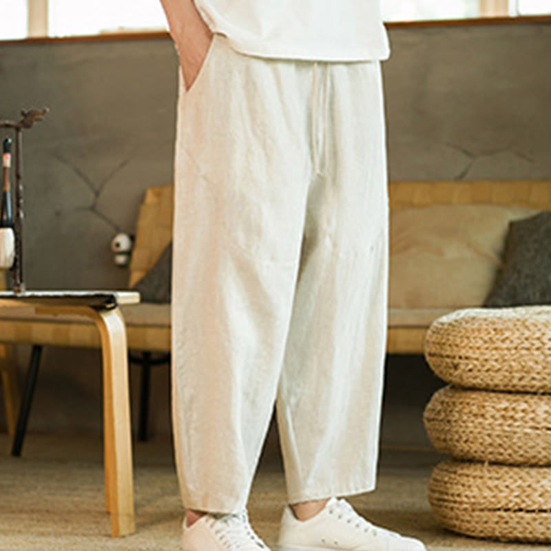 Pantalon harem décontracté Foviel pour homme, style rétro, couleur unie, design simple, taille élastique à cordon, avec poches, en lin