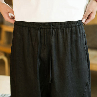 Pantalon harem décontracté Foviel pour homme, style rétro, couleur unie, design simple, taille élastique à cordon, avec poches, en lin