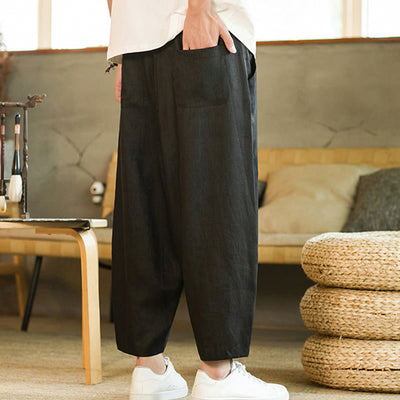 Pantalon harem décontracté Foviel pour homme, style rétro, couleur unie, design simple, taille élastique à cordon, avec poches, en lin