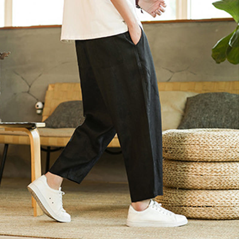 Pantalon harem décontracté Foviel pour homme, style rétro, couleur unie, design simple, taille élastique à cordon, avec poches, en lin