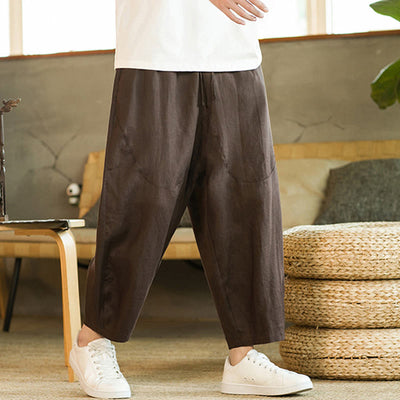 Pantalon harem décontracté Foviel pour homme, style rétro, couleur unie, design simple, taille élastique à cordon, avec poches, en lin