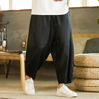 Pantalon harem décontracté Foviel pour homme, style rétro, couleur unie, design simple, taille élastique à cordon, avec poches, en lin