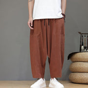 Foviel Casual Plain Low Crotch Design Drawstring Men's Cotton Elastic Waistband Wide Leg Pants With Pockets