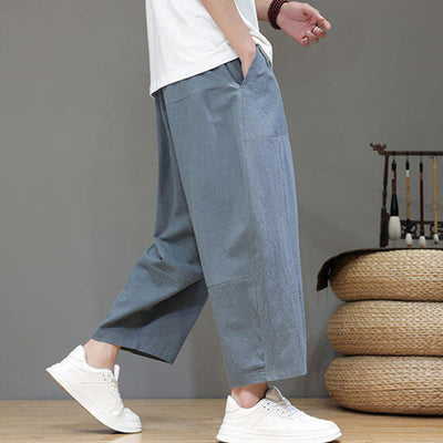 Buddha Stones Casual Plain Low Crotch Design Drawstring Men's Cotton Elastic Waistband Wide Leg Pants With Pockets - image 7