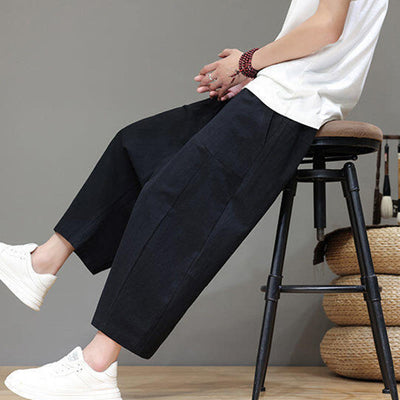 Buddha Stones Casual Plain Low Crotch Design Drawstring Men's Cotton Elastic Waistband Wide Leg Pants With Pockets - image 21