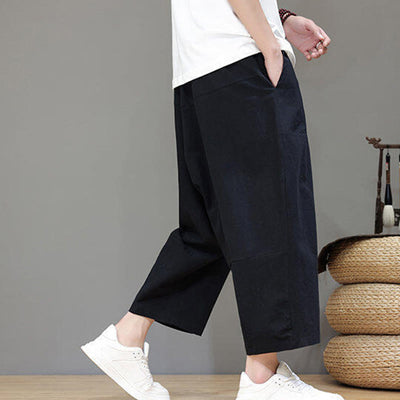 Buddha Stones Casual Plain Low Crotch Design Drawstring Men's Cotton Elastic Waistband Wide Leg Pants With Pockets - image 18