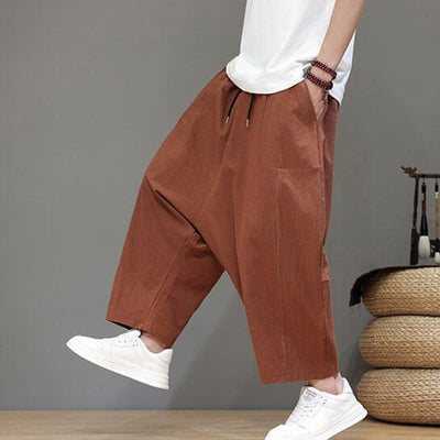 Buddha Stones Casual Plain Low Crotch Design Drawstring Men's Cotton Elastic Waistband Wide Leg Pants With Pockets - image 26