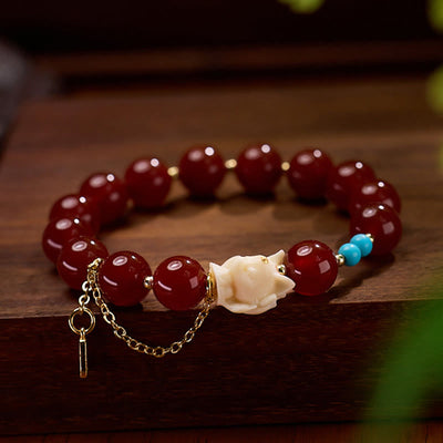 Foviel Nine Tailed Fox Joy Red Agate Ivory Fruit Copper Plated Gold Confidence Bracelet
