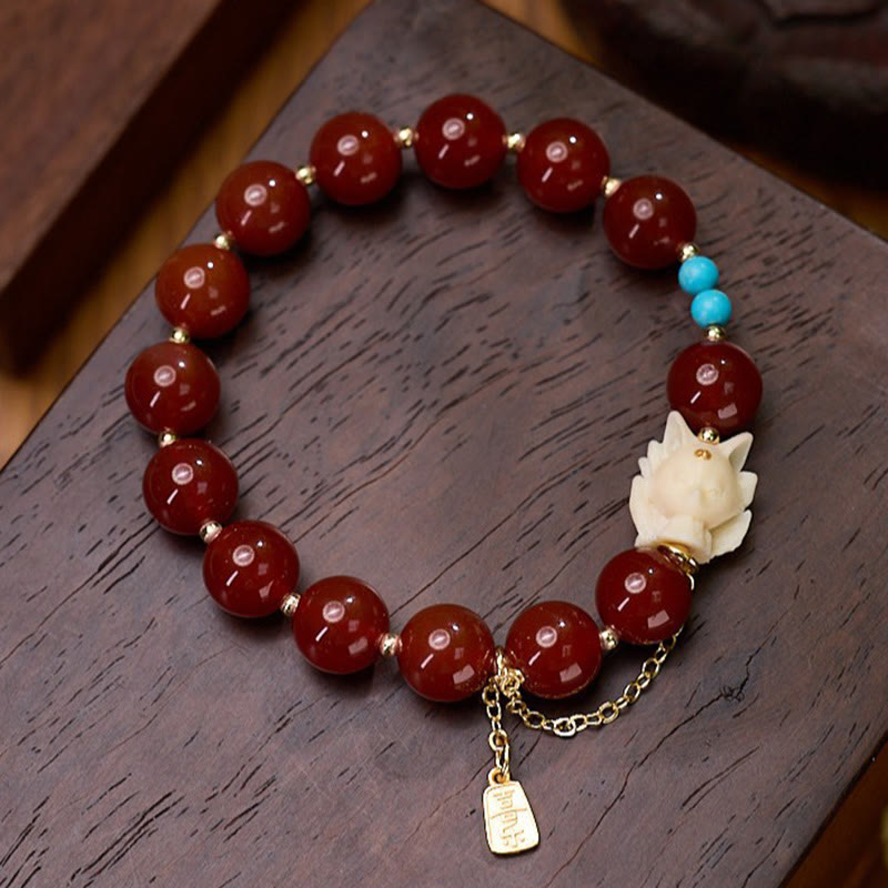 Foviel Nine Tailed Fox Joy Red Agate Ivory Fruit Copper Plated Gold Confidence Bracelet