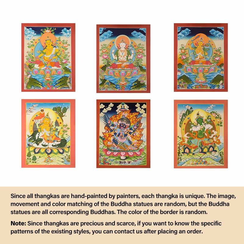 Peinture de Thangka tibétain Foviel - Dieu de la richesse jaune, Tara verte, Avalokitesvara - Décoration faite à la main, boîte mystère (style aléatoire)