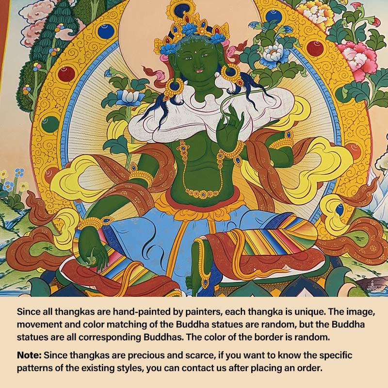 Peinture de Thangka tibétain Foviel - Dieu de la richesse jaune, Tara verte, Avalokitesvara - Décoration faite à la main, boîte mystère (style aléatoire)