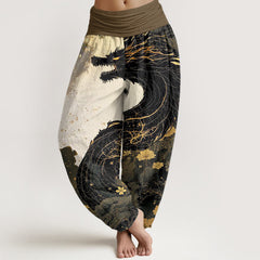 Buddha Stones Casual Dragon Ancient Tree Pattern Women's Elastic Waist Harem Pants - Black - US22，UK/AU26，EU54 (6XL) - image 1