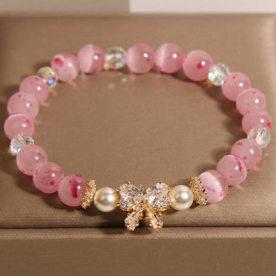 Foviel Cherry Blossom Pink Cat's Eye Pearl Bow-knot Rosette Support Bracelet
