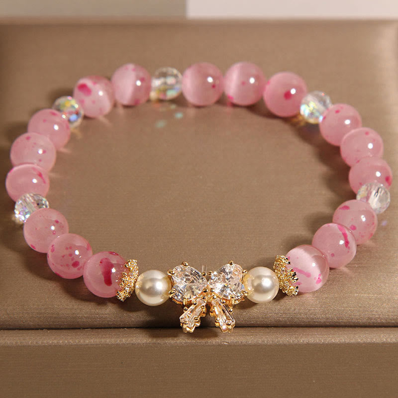 Foviel Cherry Blossom Pink Cat's Eye Pearl Bow-knot Rosette Support Bracelet
