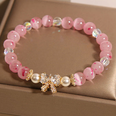 Foviel Cherry Blossom Pink Cat's Eye Pearl Bow-knot Rosette Support Bracelet