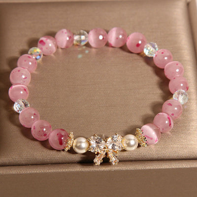 Foviel Cherry Blossom Pink Cat's Eye Pearl Bow-knot Rosette Support Bracelet