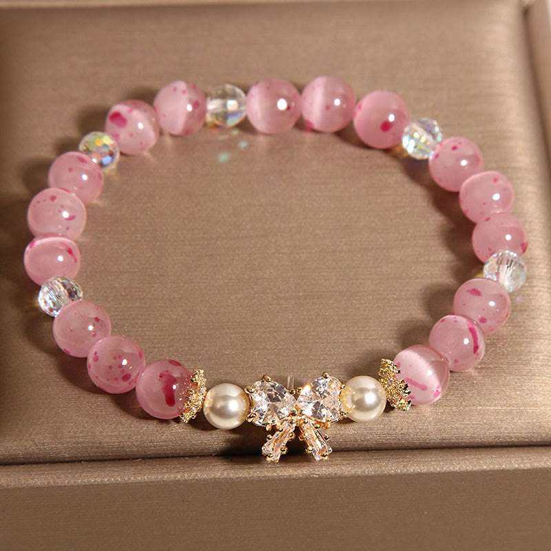 Foviel Cherry Blossom Pink Cat's Eye Pearl Bow-knot Rosette Support Bracelet