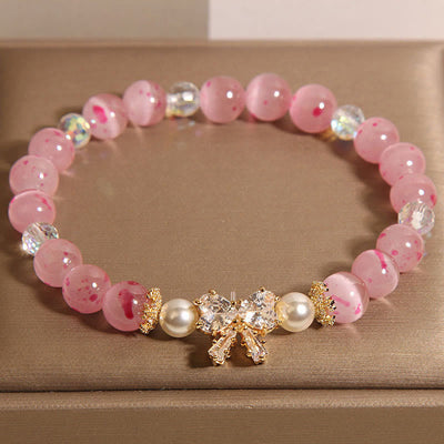 Foviel Cherry Blossom Pink Cat's Eye Pearl Bow-knot Rosette Support Bracelet