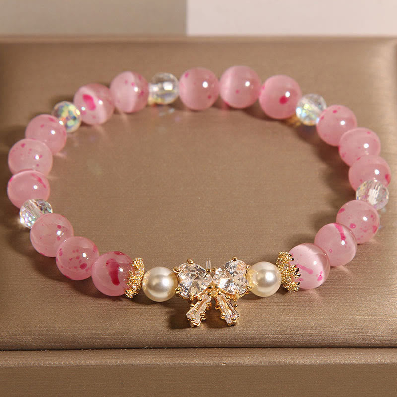 Foviel Cherry Blossom Pink Cat's Eye Pearl Bow-knot Rosette Support Bracelet
