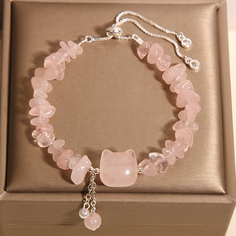 Foviel Natural Pink Crystal Agate Gravel Stone Cat Head Soothing Bracelet
