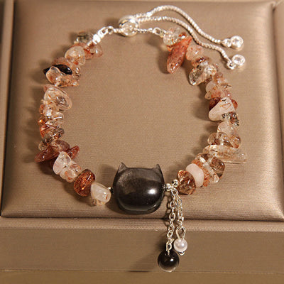 Foviel Natural Pink Crystal Agate Gravel Stone Cat Head Soothing Bracelet