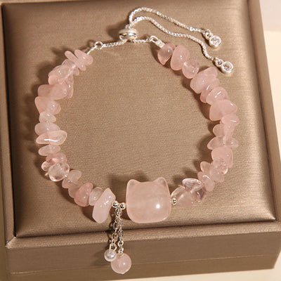 Foviel Natural Pink Crystal Agate Gravel Stone Cat Head Soothing Bracelet