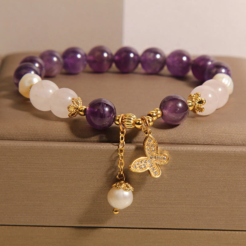 Foviel Natürliche Amethyst Perle Kristall Spirituelle spirituell Schmetterling Charm Armband