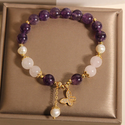 Bracelet à breloque papillon Foviel en améthyste naturelle et perle pour la guérison spirituelle