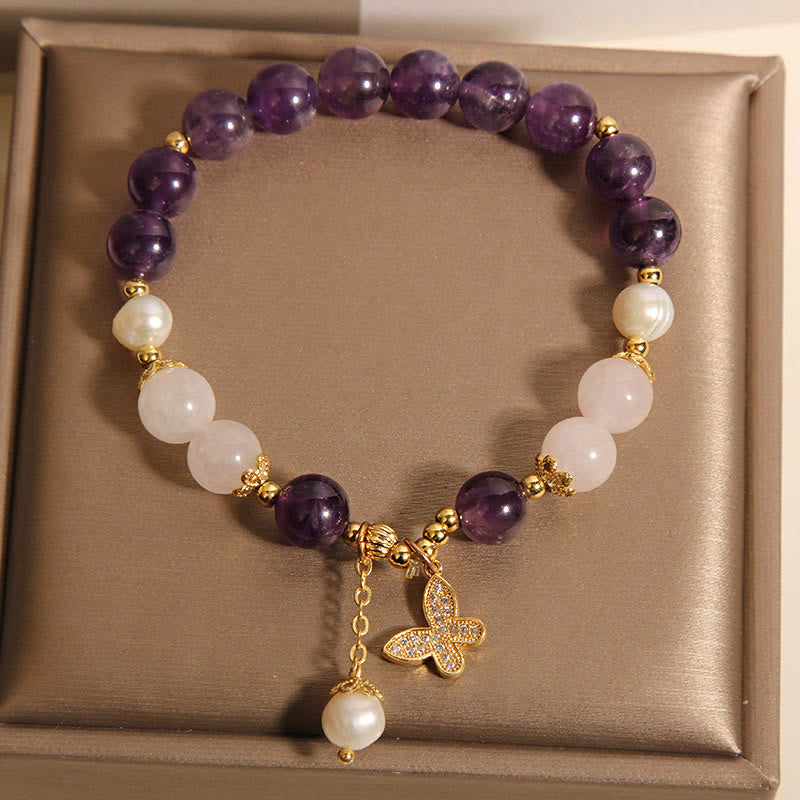 Foviel Natürliche Amethyst Perle Kristall Spirituelle spirituell Schmetterling Charm Armband