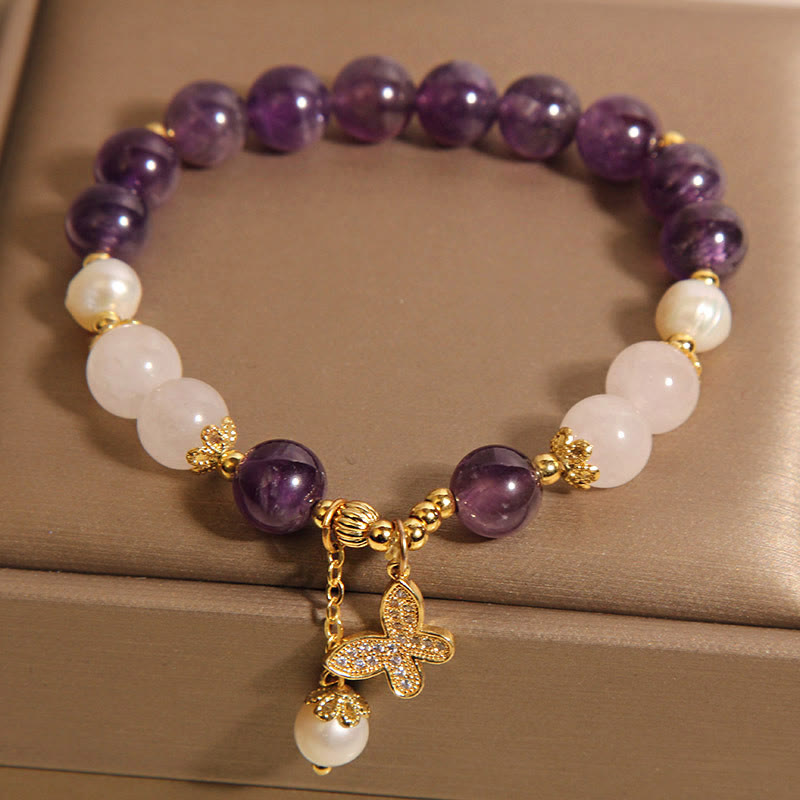 Foviel Natürliche Amethyst Perle Kristall Spirituelle spirituell Schmetterling Charm Armband