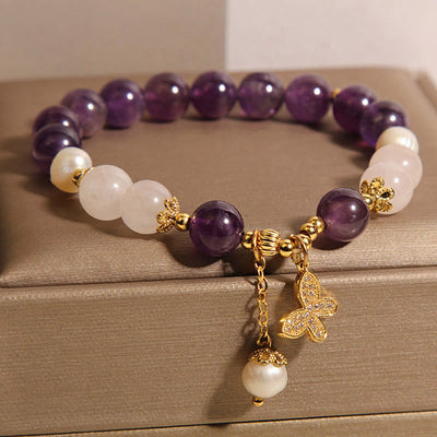Bracelet à breloque papillon Foviel en améthyste naturelle et perle pour la guérison spirituelle