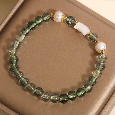 Bracelet porte-bonheur Foviel avec tête de chat en nacre et fantôme vert naturel
