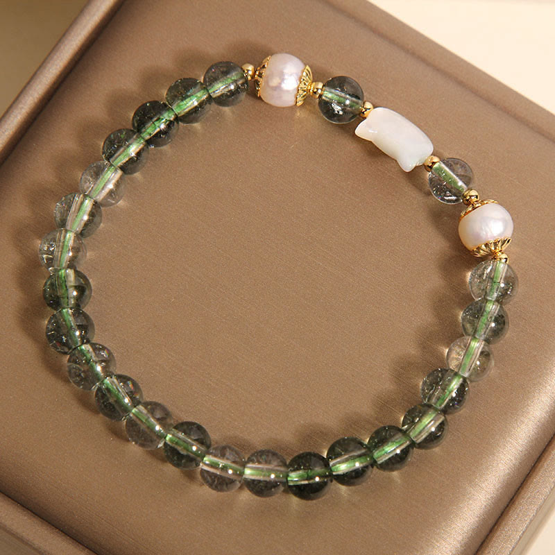 Bracelet porte-bonheur Foviel avec tête de chat en nacre et fantôme vert naturel