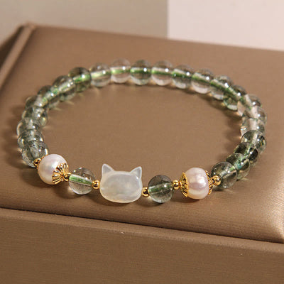 Bracelet porte-bonheur Foviel avec tête de chat en nacre et fantôme vert naturel