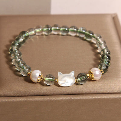 Bracelet porte-bonheur Foviel avec tête de chat en nacre et fantôme vert naturel