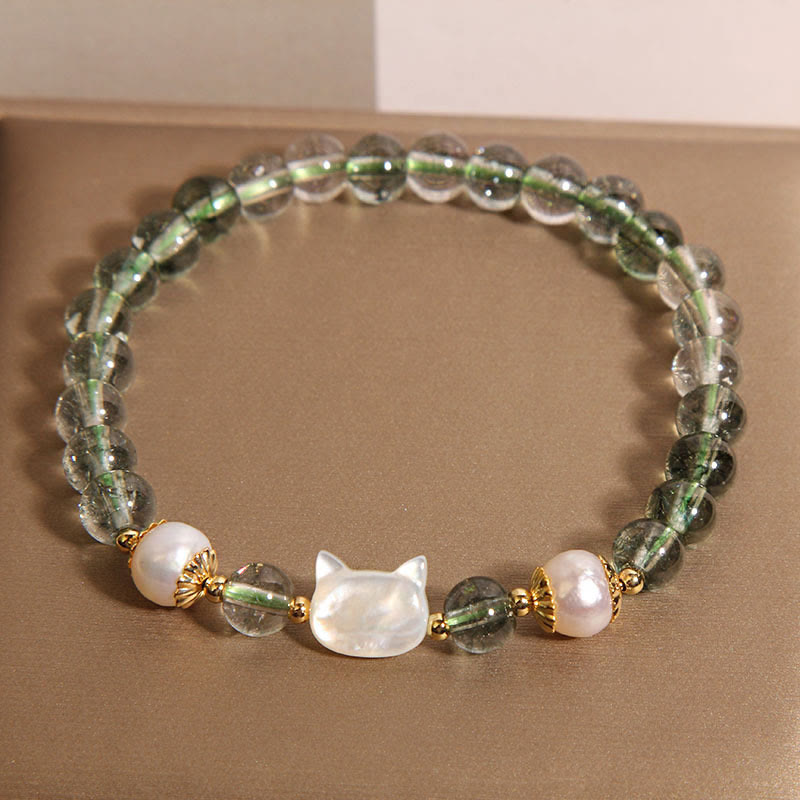 Bracelet porte-bonheur Foviel avec tête de chat en nacre et fantôme vert naturel