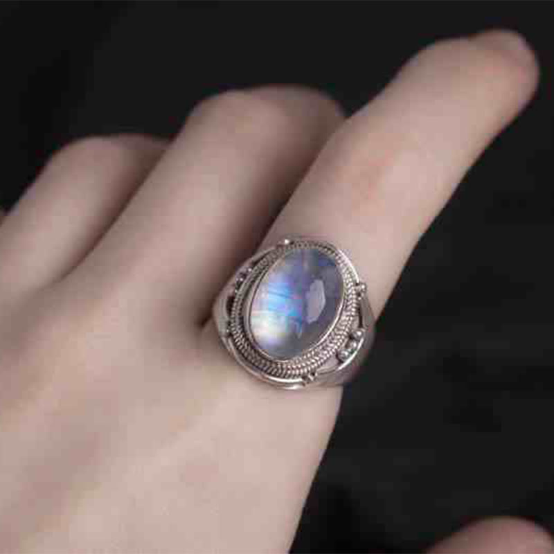 Foviel 925 Sterling Silver Handmade Natural Moonstone Healing Adjustable Ring
