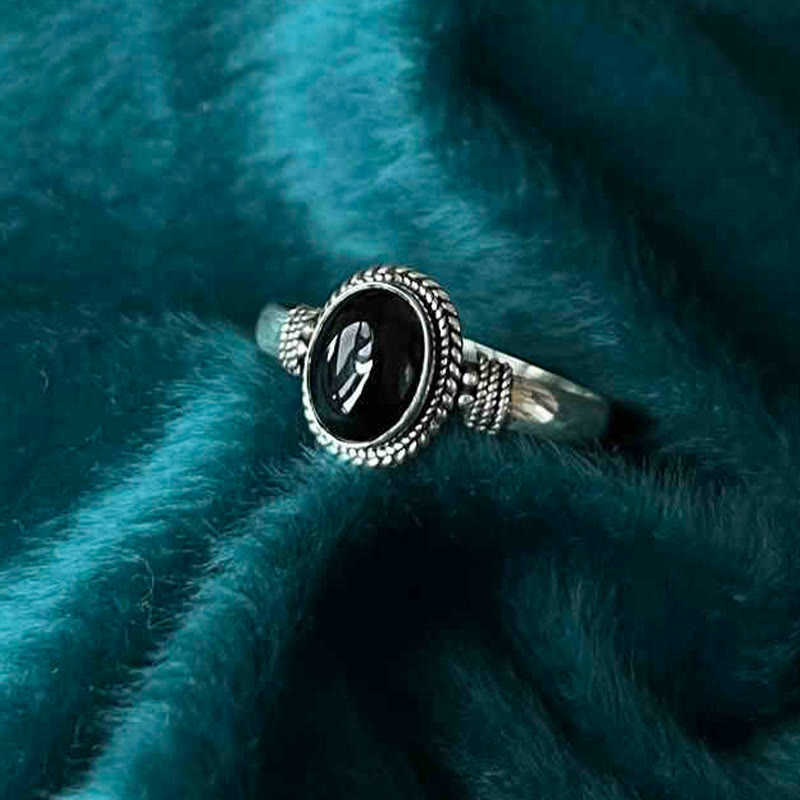 Bague ajustable Foviel en argent sterling 925 fait main avec onyx noir porte-bonheur