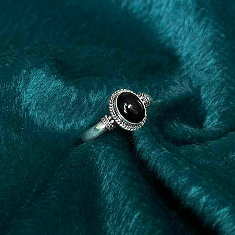Bague ajustable Foviel en argent sterling 925 fait main avec onyx noir porte-bonheur