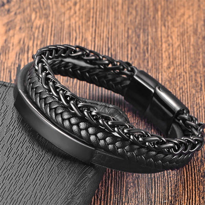 Buddha Stones Woven Pattern Titanium Steel Stimulation Multi-layer Leather Buckle Bracelet - Black(Wrist Circumference: 20-22cm) - image 0
