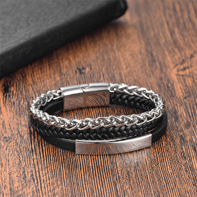 Buddha Stones Woven Pattern Titanium Steel Stimulation Multi-layer Leather Buckle Bracelet - Silver(Wrist Circumference: 18-20cm) - image 7