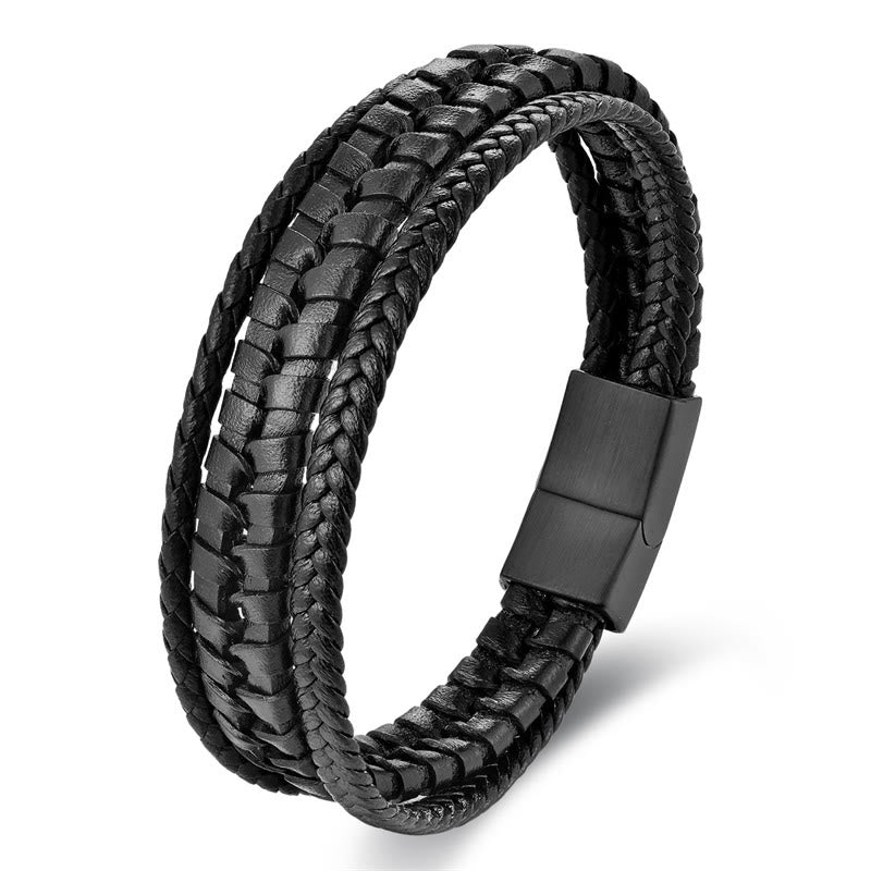 Bracelet Foviel à motif tressé simple en acier titane, cuir multicouche renforcé et boucle